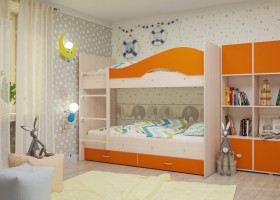 Кровать Мая двухъярусная с ящикамиМлечный дуб/Оранжевый в Ленске - lensk.katalogmebeli.com | фото