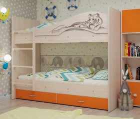 Кровать Мая-Сафари двухъярусная с ящикамиМлечный дуб/Оранжевый в Ленске - lensk.katalogmebeli.com | фото