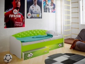 Кровать Софа-8 с мягкой спинкой фотопечать Футбол (900х1900) Белый/Лайм в Ленске - lensk.katalogmebeli.com | фото