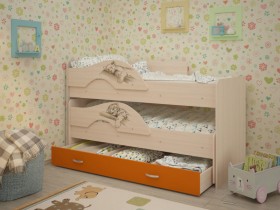 Кровать выкатная Радуга-Сафари детская 1600 Млечный дуб/Оранжевый в Ленске - lensk.katalogmebeli.com | фото