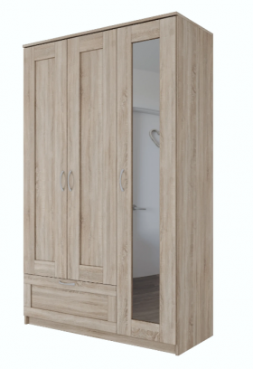 Шкаф трехдверный Сириус с зеркалом и 1 ящиком дуб сонома в Ленске - lensk.katalogmebeli.com | фото
